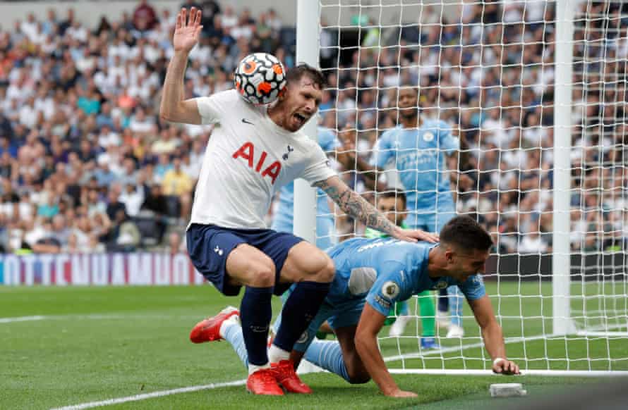 Ferran Torres and Pierre-Emile Højbjerg tussle for the ball during the match between Tottenham and Manchester City at the Tottenham Hotspur Stadium on the opening weekend.