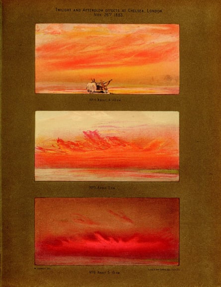 William Ascroft’s watercolours of vivid sunsets seen from Chelsea, London, in autumn 1883 after the great eruption of Krakatoa in Indonesia. The image is found in a book called The Eruption of Krakatoa and Subsequent Phenomena.