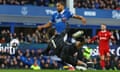 Liverpool’s Alisson fouls Everton’s Dominic Calvert-Lewin to concede a penalty, which was later disallowed by VAR for offside in the build up.
