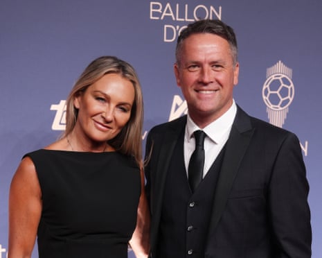 Michael Owen and wife Louise Bonsall smile together at the Ballon d'Or event