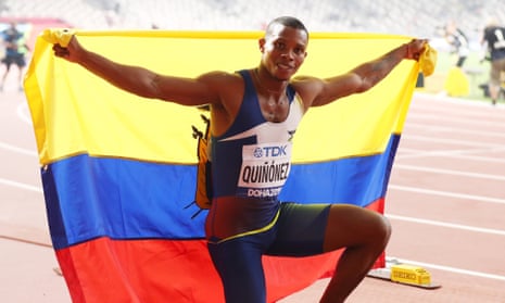 Alex Quiñónez celebrates his bronze medal at Doha 2019 – his country’s first ever track medal in a global championships.