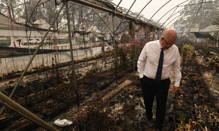 Scott Morrison tours a bushfire damaged farm in January. The PM has announced a royal commission to look at mitigation, adaptation and an expanded role for the military in natural disasters.