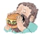 An illustration of a man with a beard eating a large double cheeseburger