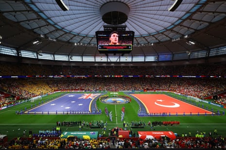 General view as players line up during the national anthems