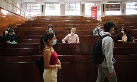 Students wait to start exams at the Universidad Complutense Law School in Madrid, Spain.