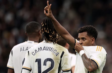 Rodrygo celebrates after scoring Real Madrid’s fifth and final goal against Valencia
