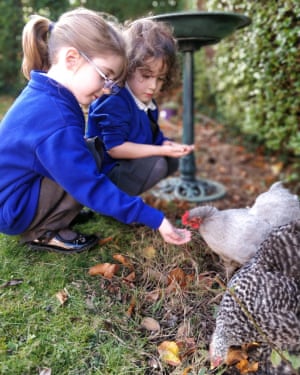 Sarah’s daughters with their two Bantam hens.