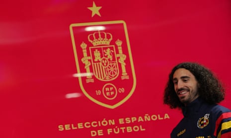 Marc Cucurella arrives for a press conference at the Spain camp in Donaueschingen on Sunday.