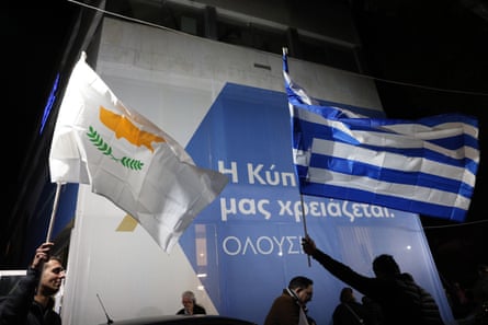 Supporters of Christodoulides celebrate in Nicosia, the capital of Cyprus.