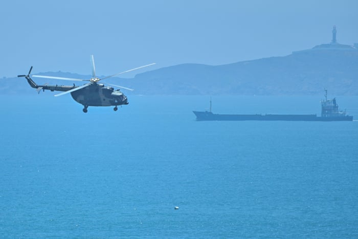 A Chinese military helicopter seen in the sky above Pingtan island in Fujian province.