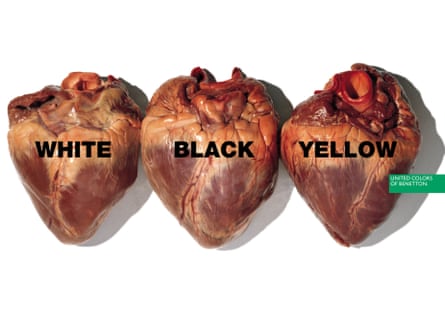 Three raw hearts, with the words ‘white’, ‘black’ and ‘yellow’ written on each.