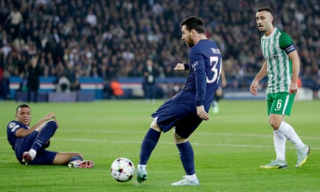 Lionel Messi of Paris Saint Germain opens the scoring against Maccabi Haifa.