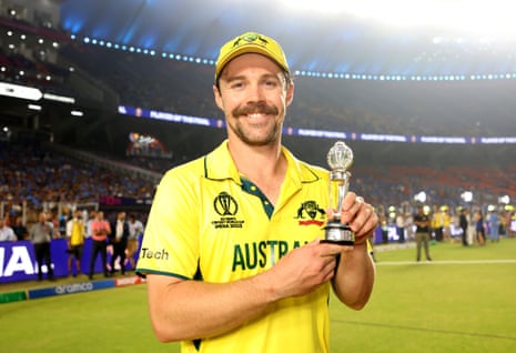 Travis Head of Australia poses after being named Player of the Match.