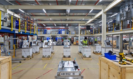A robot maintenance area at Ocado’s Erith warehouse – 1,050 humans work alongside their 1,800 metal colleagues.