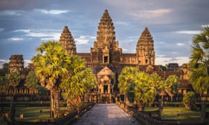 Sunset at Angkor Wat in Cambodia where dinner can be taken in an ancient Hindu temple during a round the world tour next month.