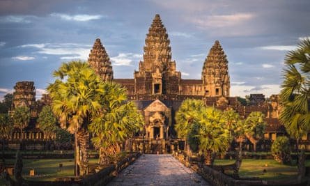 Sunset at Angkor Wat in Cambodia where dinner can be taken in an ancient Hindu temple during a round the world tour next month.
