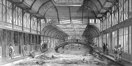 An illustration from 1875 of the floating swimming bath in the Thames at Charing Cross.