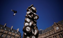 A view shows the clocks of the artwork "L'Heure de tous" (Everybody's Time) by French artist Arman in front of the Saint-Lazare railway station in Paris<br>A view shows the clocks of the artwork "L'Heure de tous" (Everybody's Time) by French artist Arman (Armand Pierre Fernandez) in front of the Saint-Lazare railway station in Paris, France, March 29, 2019. REUTERS/Christian Hartmann NO RESALES. NO ARCHIVES