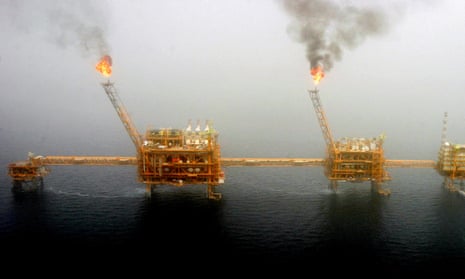 Gas flares from an oil production platform south of Tehran. The PGPIC group is responsible for 50% of Iran’s petrochemical exports. 