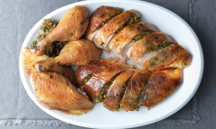 Roast chicken with herb, pistachio and sourdough citrus stuffing