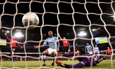Raheem Sterling turns the ball into the net only for the goal to be ruled out for offside.