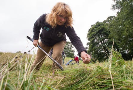 Eilish Rothney bending over to inspect thick grasses