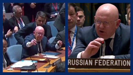 Russia interrupts minute's silence for victims of Ukraine war at UN security council meeting – video