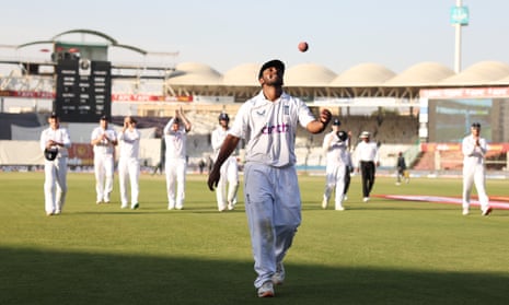 Rehan Ahmed leads the England team off after becoming the youngest debutant in men’s Test history to take a five-for.