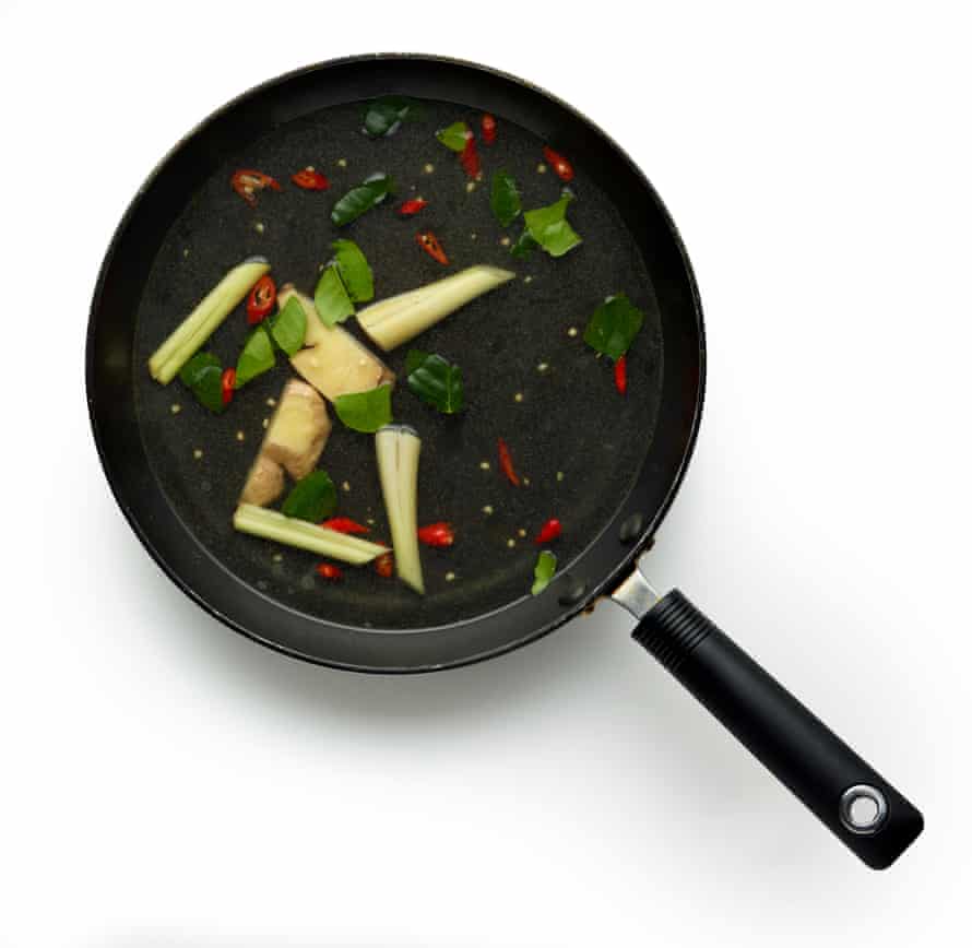 Felicity Cloake’s tom yum masterclass 3. Infuse the stock Add the aromatics – lime leaves, lemongrass and galangal – to the stock.