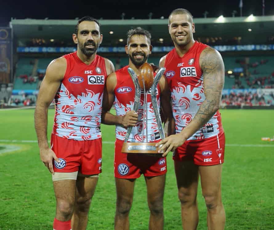“I actually photographed three years of the booing of Adam Goodes, and I’m pretty sure I’m the only one that got that photograph on that day.” Adam Goodes, Louis Jetta, Lance Franklin. Sydney Swans win the Indigenous Round at the SCG in 2015.