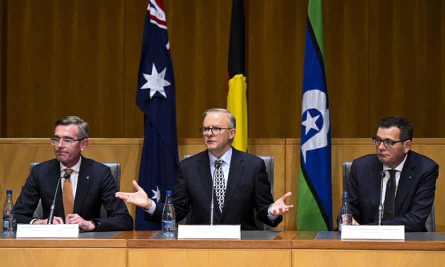 NSW premier Dominic Perrottet, prime minister Anthony Albanese and Victorian premier Daniel Andrews speak to media during a press conference at Parliament House in Canberra, Friday, 17 June, 2022.