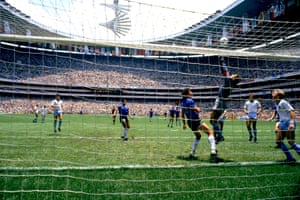 Peter Shilton tips the ball over the bar after a free-kick deflects off Glenn Hodde’s head