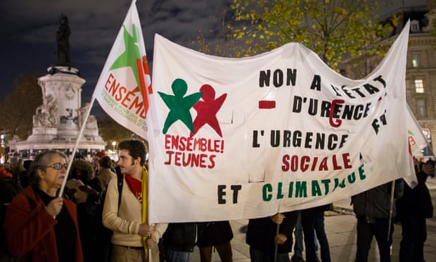 Activists protest against French authorities using emergency law to ban demonstrations at the Place de la Republique in Paris.