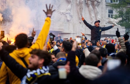 Maccabi Tel Aviv supporters gather at De Dam in Amsterdam ahead of the Europa League match Against Ajax and Maccabi Tel Aviv last year