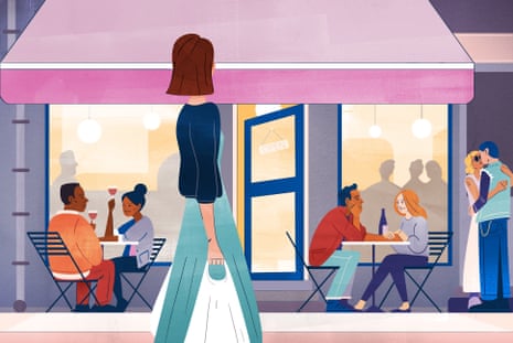 Illustration of a woman carrying shopping bags, walking past a busy bar, looking at the people socialising.