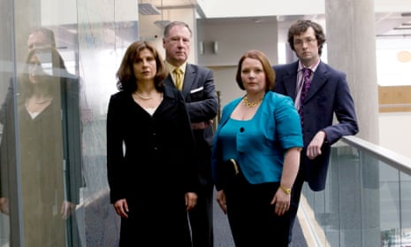 L to R, Rebecca Front, James Smith, Joanna Scanlan and Chris Addison star in The Thick of It (2009), written and directed by Armando Iannucci.