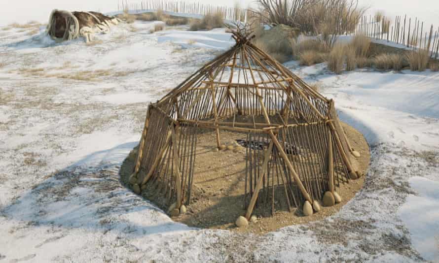 A reconstruction of an Upper Paleolithic mammoth hunter settlement at Dolní Věstonice in the Czech Republic