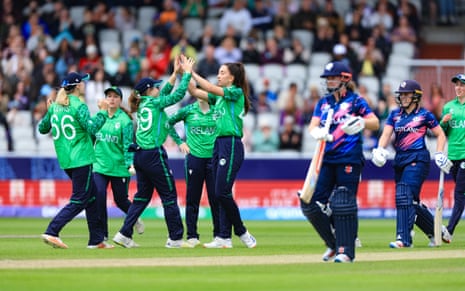 Ireland celebrate the wicket of Scotland's Ailsa Lister.