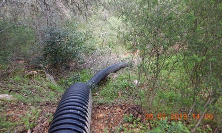 An image of a round, ridged black pipe, maybe 1 foot wide, on the ground of a forest going downhill.