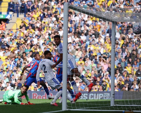 Crystal Palace's Tyrick Mitchell scores a goal against Leeds that was later disallowed