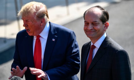 US-POLITICS-TRUMP<br>US President Donald Trump (L) and US Labor Secretary Alexander Acosta address the media early July 12, 2019 at the White House in Washington, DC. - Acosta announced his resignation over the Jeffrey Epstein affair. (Photo by Brendan Smialowski / AFP)BRENDAN SMIALOWSKI/AFP/Getty Images