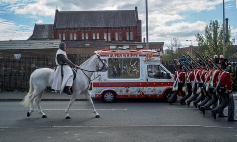 A man dressed as Saint George in the St George’s Day parade in Manchester.