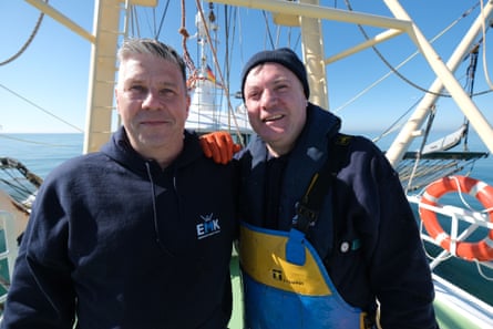 Ed Balls, right, on a Dutch trawler in Travels in Euroland