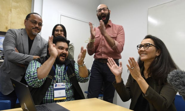 Democrat Mary Peltola celebrates her victory with her campaign team.