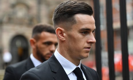 Derby County’s Tom Lawrence leaves Derby magistrates’ court, closely followed by Mason Bennett.