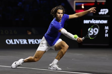 Carlos Alcaraz plays a backhand shot in his dramatic win from two match points down against Taylor Fritz.