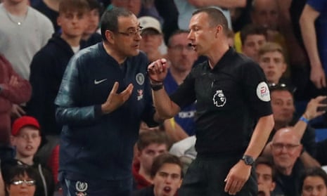 Referee Kevin Friend (right) sent Maurizio Sarri to the stands during a bad-tempered end to Chelsea’s 2-2 draw with Burnley. Chelsea staff spoke to the referee post-match.