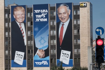 Election banners depict Israeli PM Netanyahu, with US president Trump, in 2019.