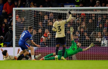 Liam Delap scores Chelsea’s third goal against Barcelona in November