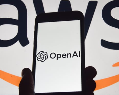 An illustration shows the OpenAI log on a smartphone in front of an AWS logo